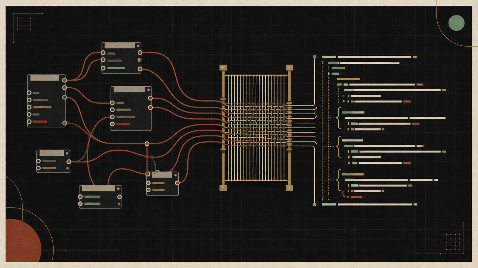 A Blueprint-like node graph passing through a loom and becoming a compact structured language