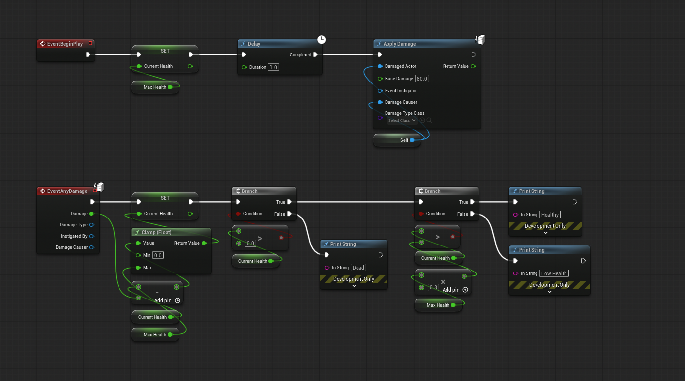 The same Blueprint damage handling branch after applying the layout skill